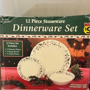 Vintage 12 Piece Stoneware Dinnerware Set - White with Holly Design